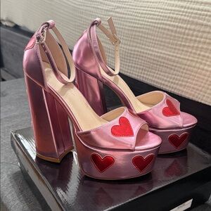 Nasty Gal Metallic Pink Platform Heels with Red Heart Appliqués